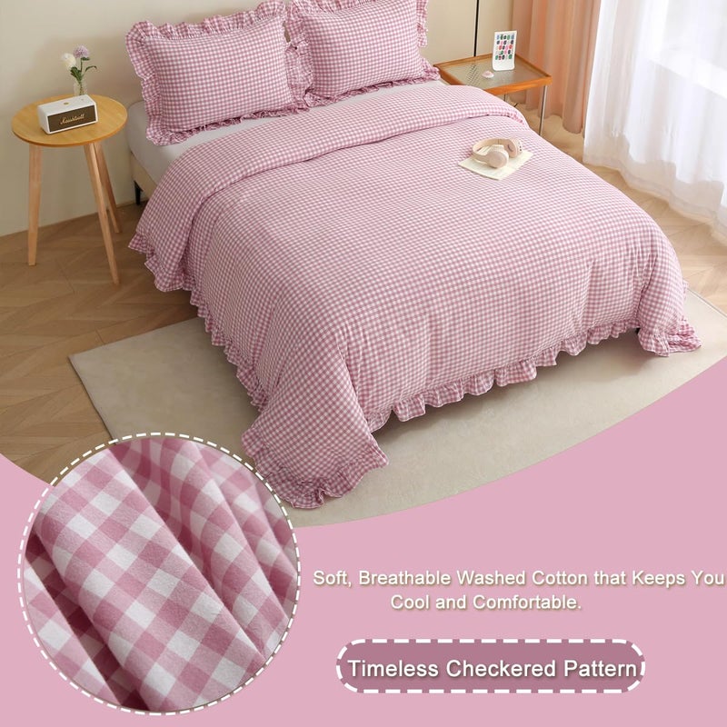 Silnuo Vintage Pink/White Plaid Ruffle 3-Piece Duvet Cover Set Queen Size,Washed Cotton Shabby Gingham Checkered Bedding Set Farmhouse Comforter Set - Image 2